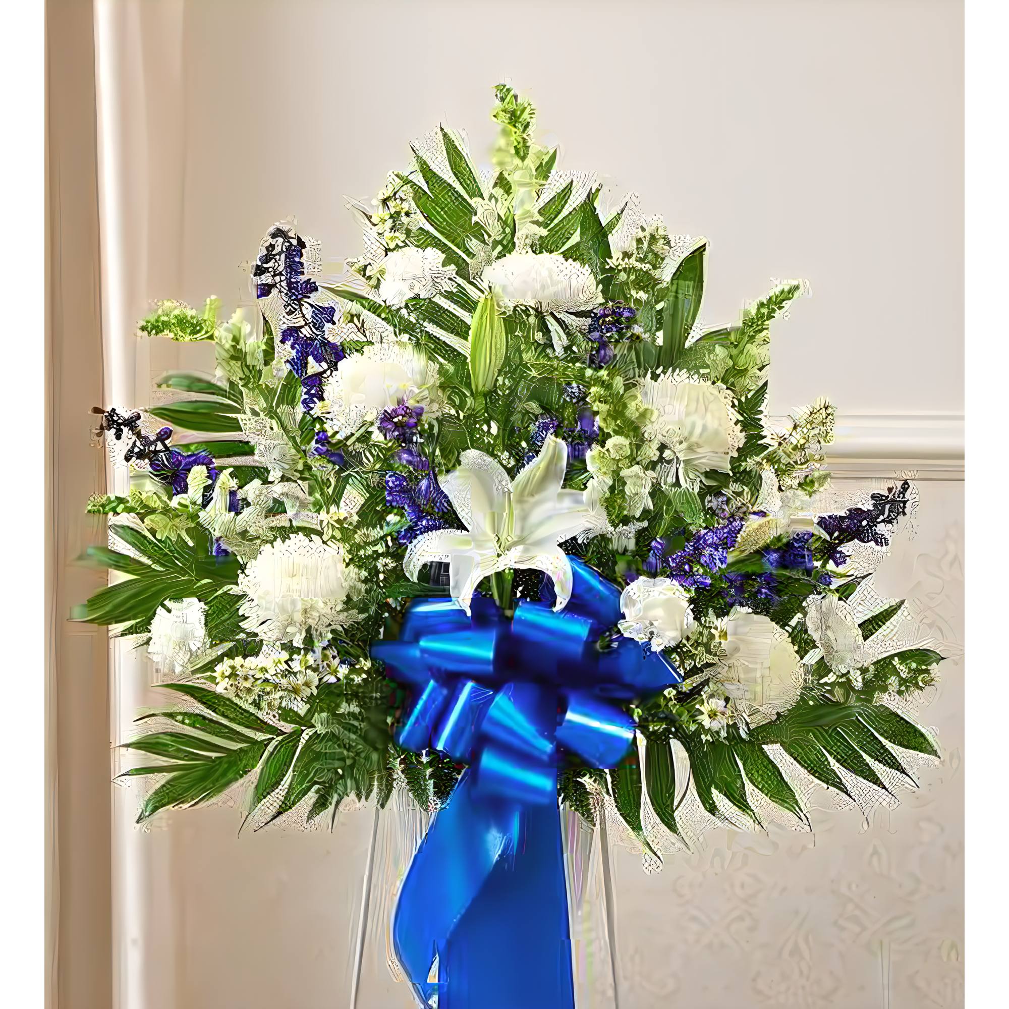 NYC Flower Delivery - Heartfelt Sympathies Blue & White Standing Basket - Funeral > Baskets