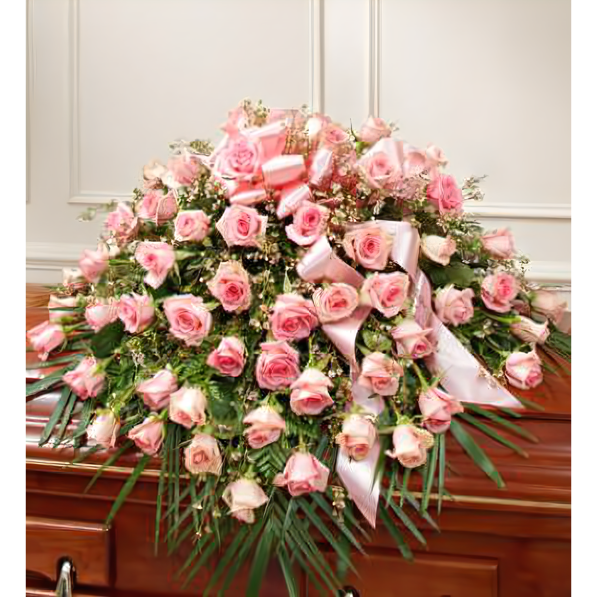 NYC Flower Delivery - Cherished Memories Rose Half Casket Cover - Pink - Funeral &gt; Casket Sprays