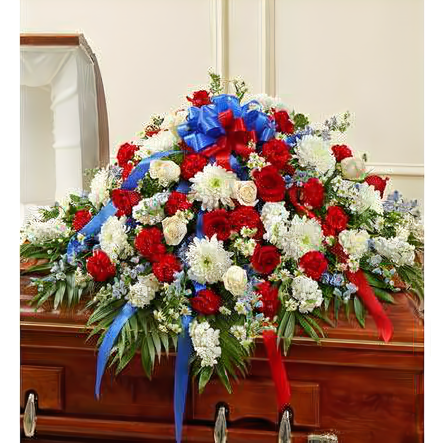 NYC Flower Delivery - Red, White & Blue Cherished Rose Half Casket Cover - Funeral > Casket Sprays