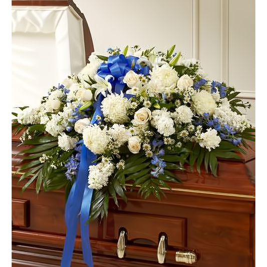 NYC Flower Delivery - Blue & White Cherished Rose Half Casket Cover - Funeral > Casket Sprays