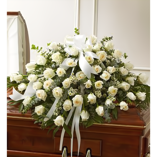 NYC Flower Delivery - Cherished Memories White Rose Half Casket Cover - Funeral > Casket Sprays