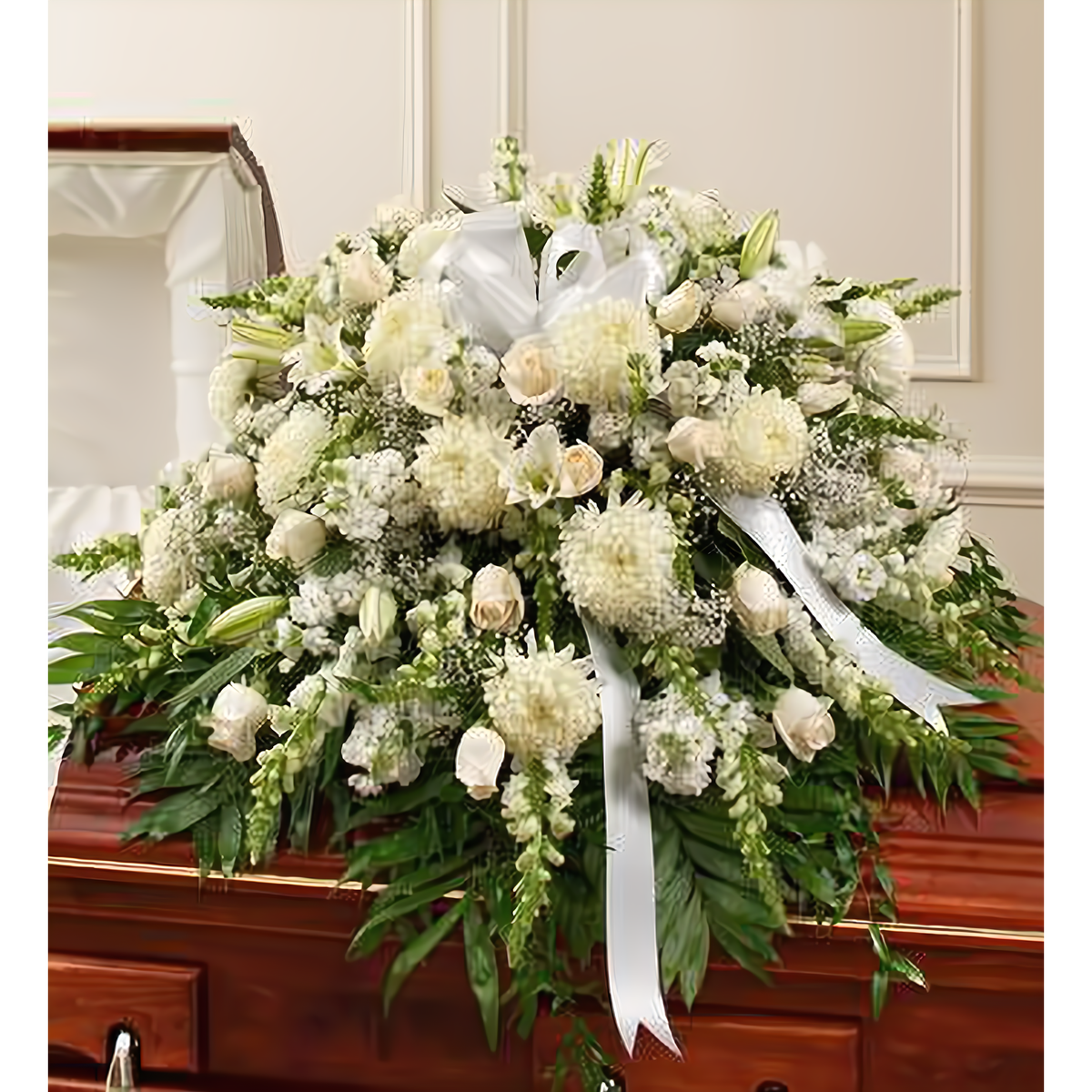 NYC Flower Delivery - Cherished Memories White Half Casket Cover - Funeral &gt; Casket Sprays