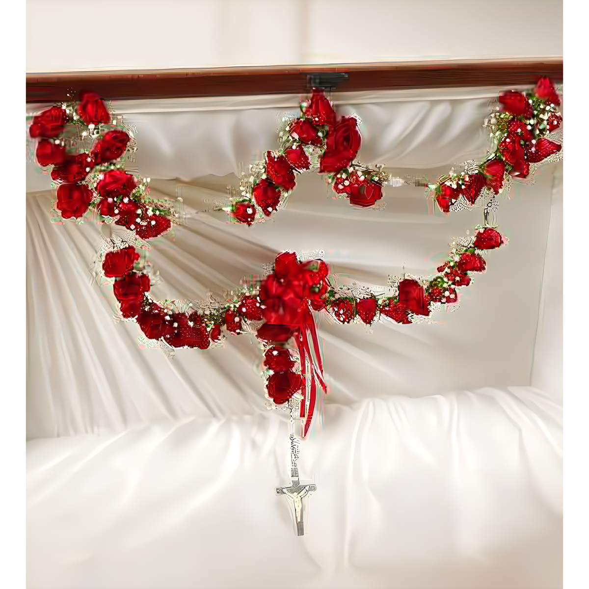 NYC Flower Delivery - Large Rosary with Red Spray Roses - Funeral &gt; Casket Sprays