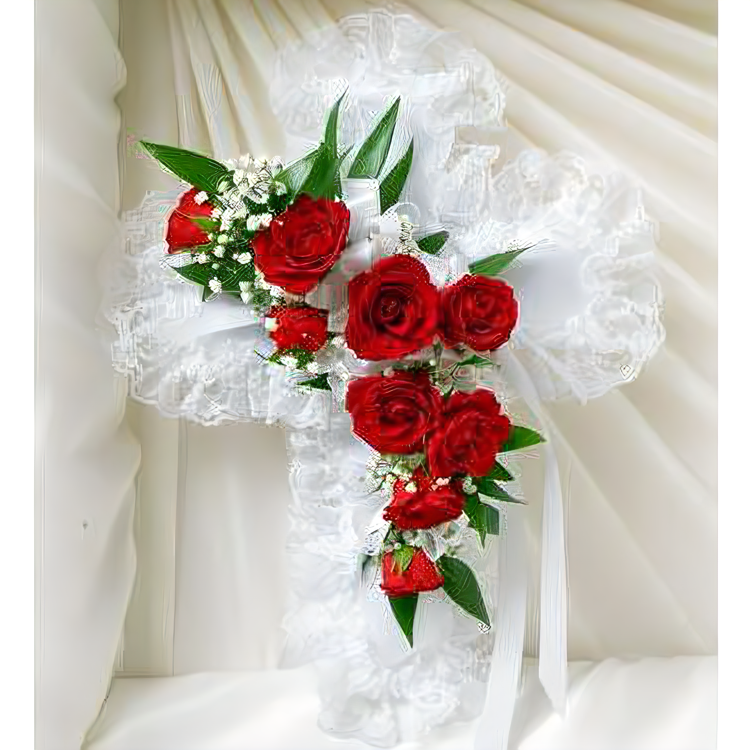 NYC Flower Delivery - Red & White Satin Heart Casket Pillow - Funeral > Casket Sprays