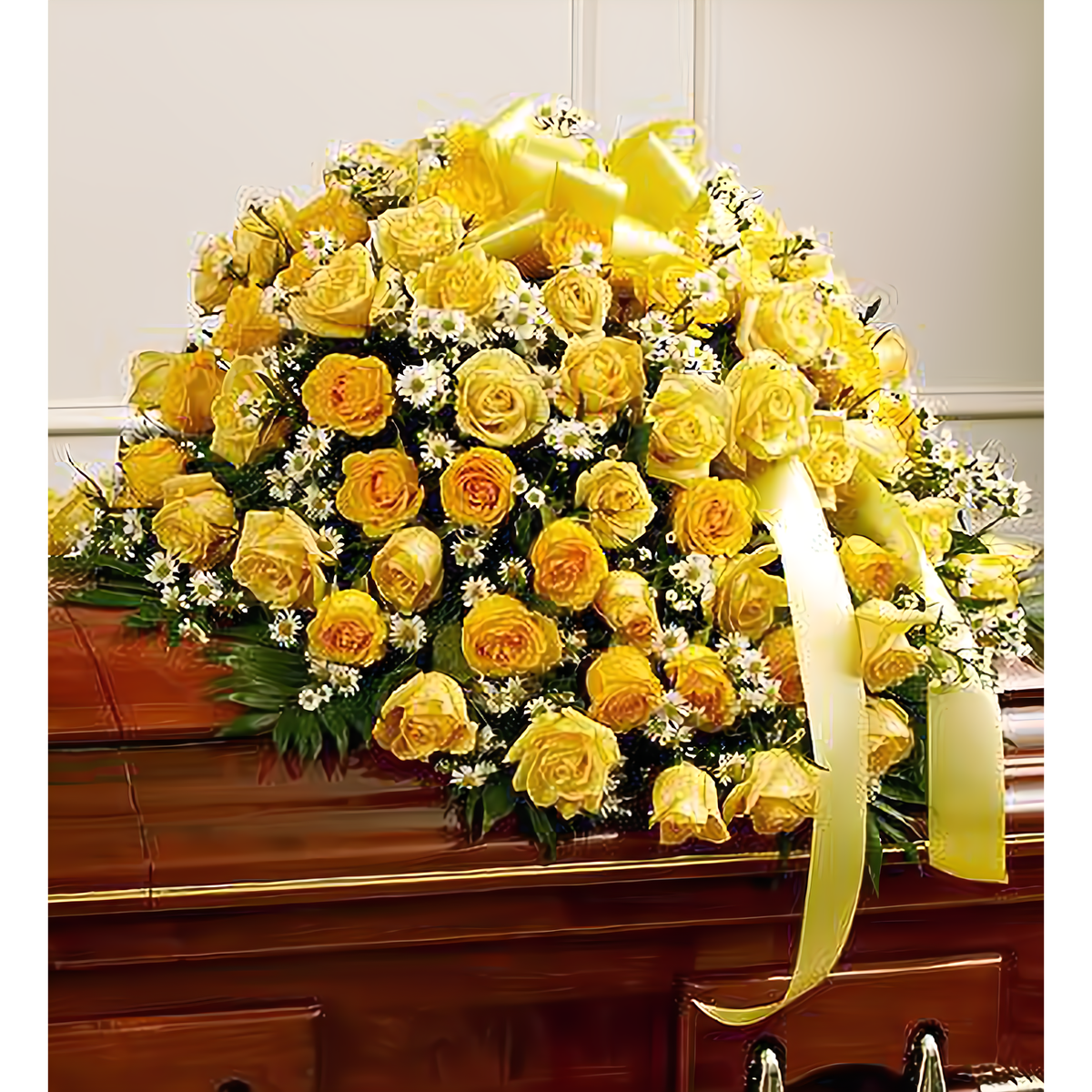 NYC Flower Delivery - Cherished Memories Rose Half Casket Cover - Yellow - Funeral &gt; Casket Sprays
