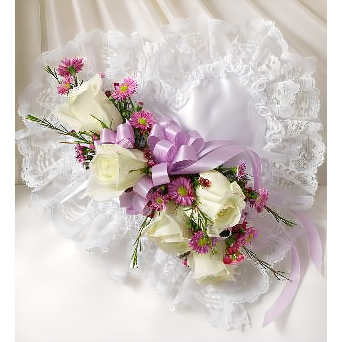 NYC Flower Delivery - Lavender and White Satin Heart Casket Pillow - Funeral &gt; Casket Sprays