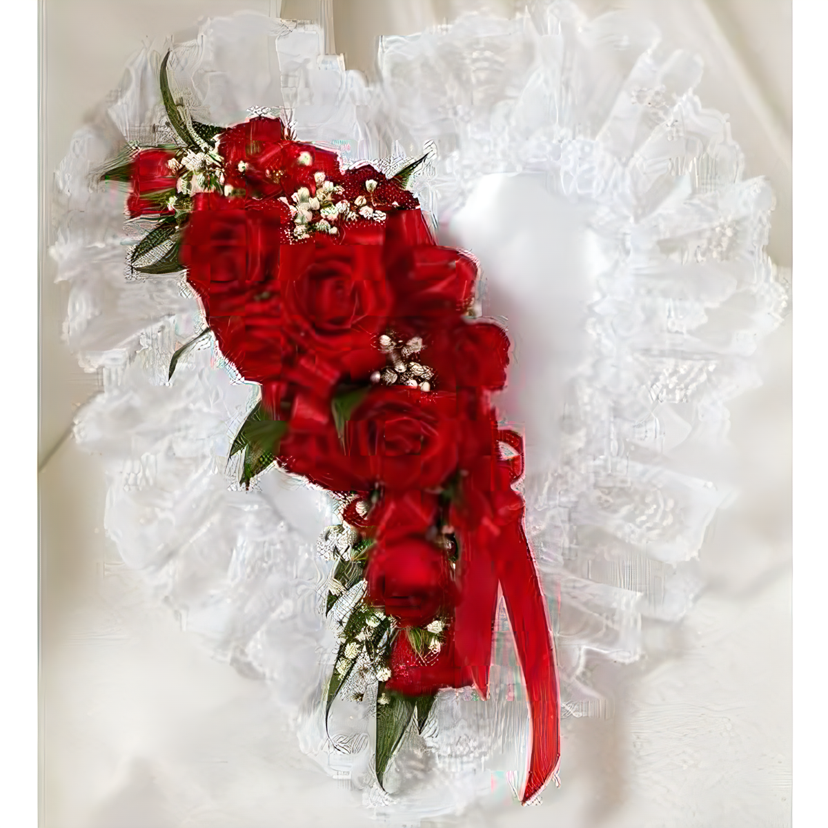 NYC Flower Delivery - Red and White Satin Heart Casket Pillow - Funeral &gt; Casket Sprays