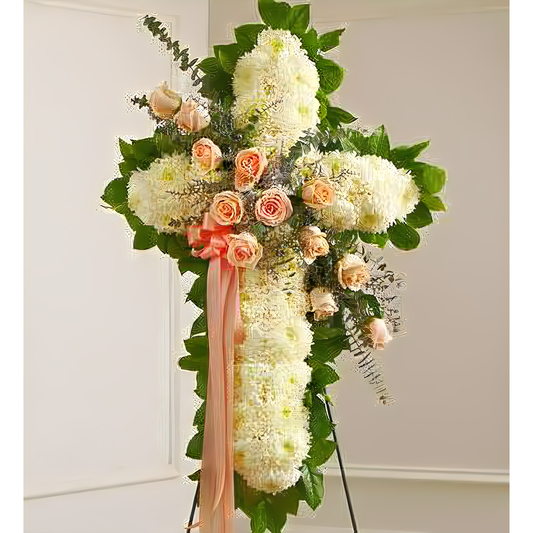 NYC Flower Delivery - Peace and Prayers Standing Cross - Peach - Funeral > Crosses