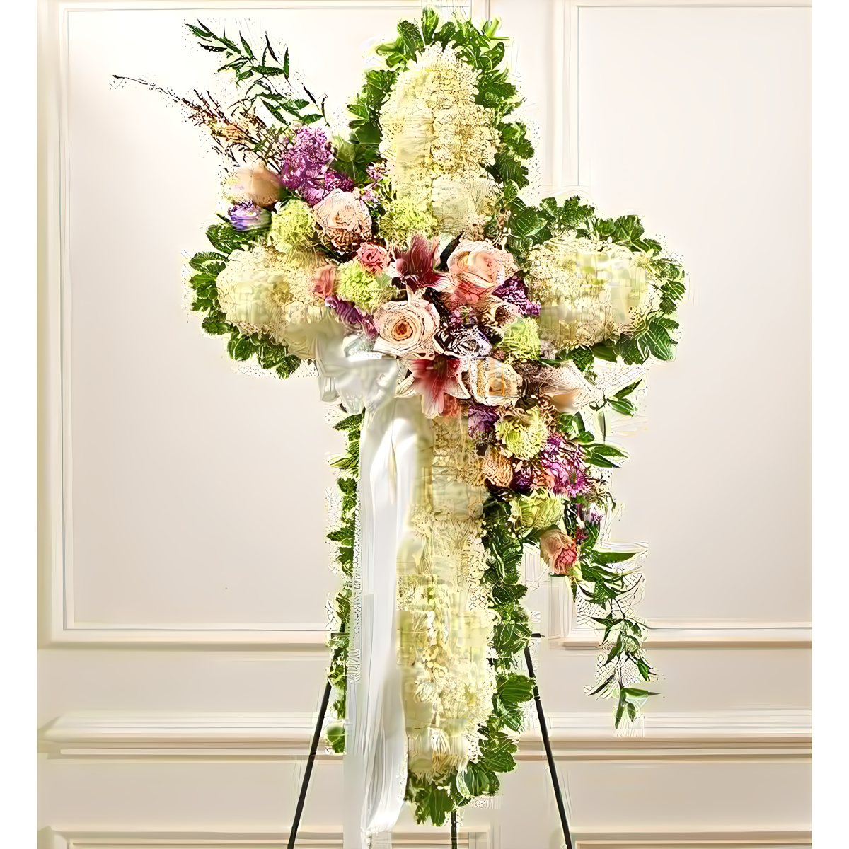 NYC Flower Delivery - Peace and Prayers Standing Cross - Pastel - Funeral &gt; Crosses