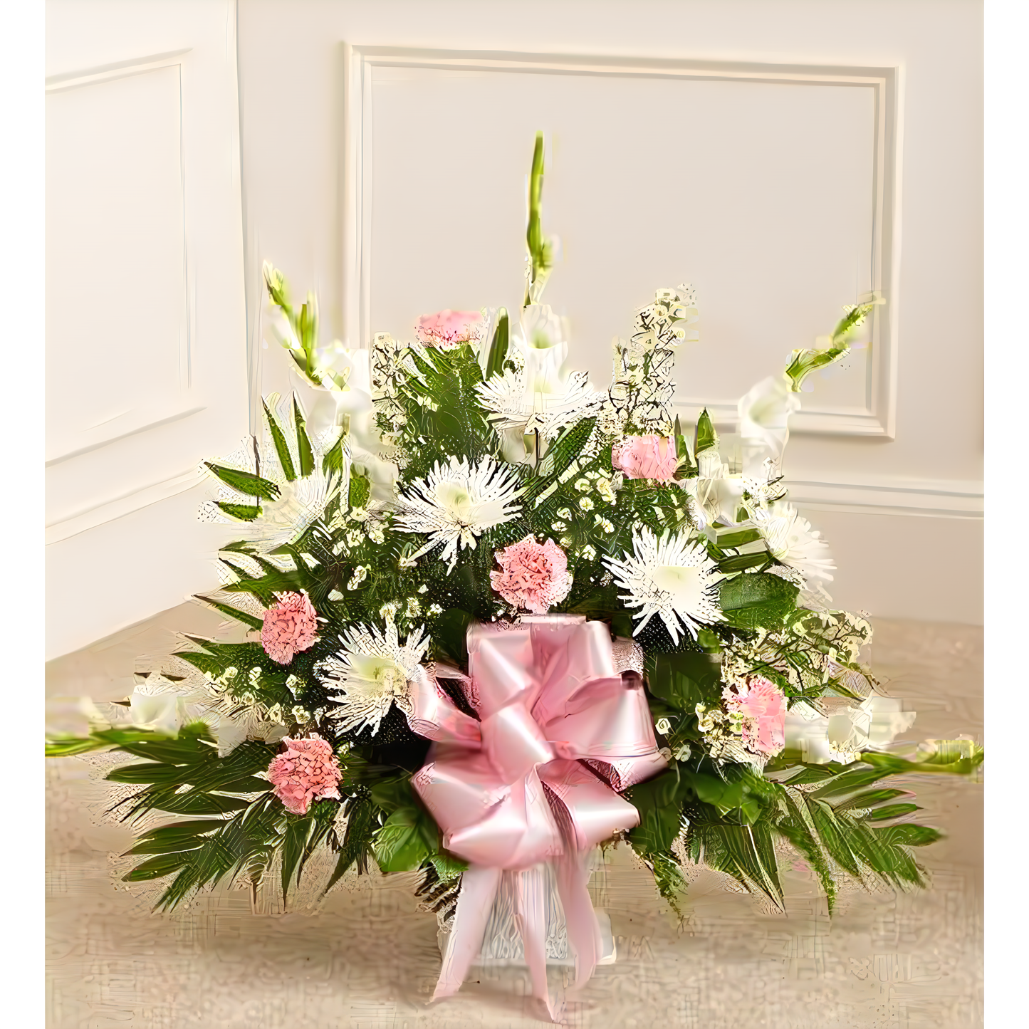 NYC Flower Delivery - Tribute Pink & White Floor Basket Arrangement - Funeral > For the Service