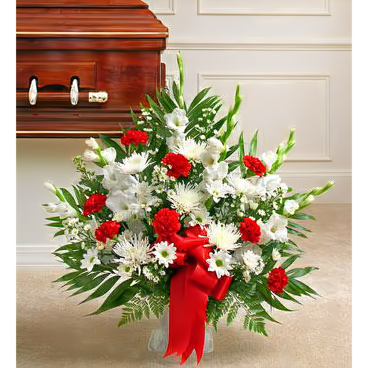 NYC Flower Delivery - Tribute Red & White Floor Basket Arrangement - Funeral > For the Service