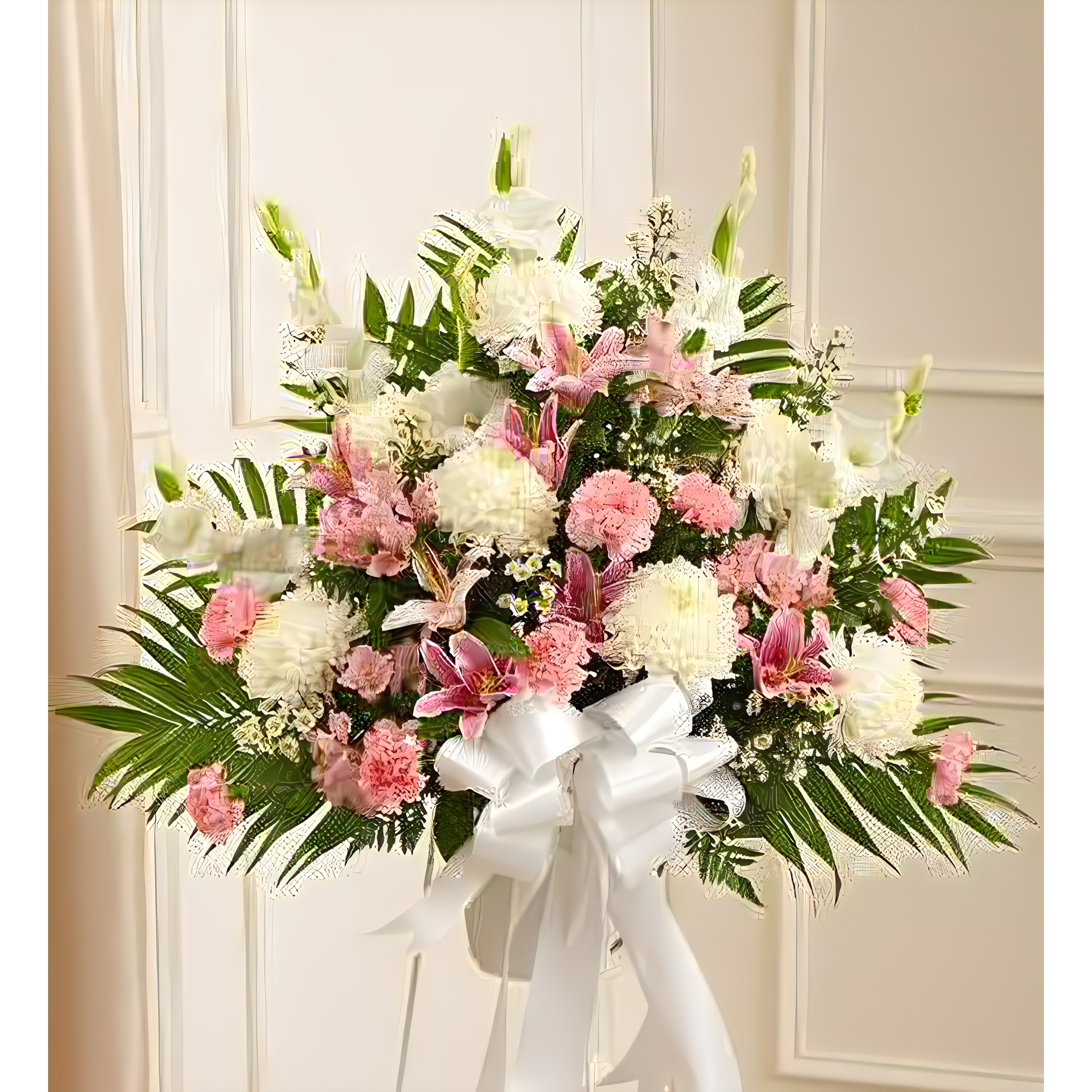 NYC Flower Delivery - Heartfelt Sympathies Pink & White Standing Basket - Funeral > For the Service