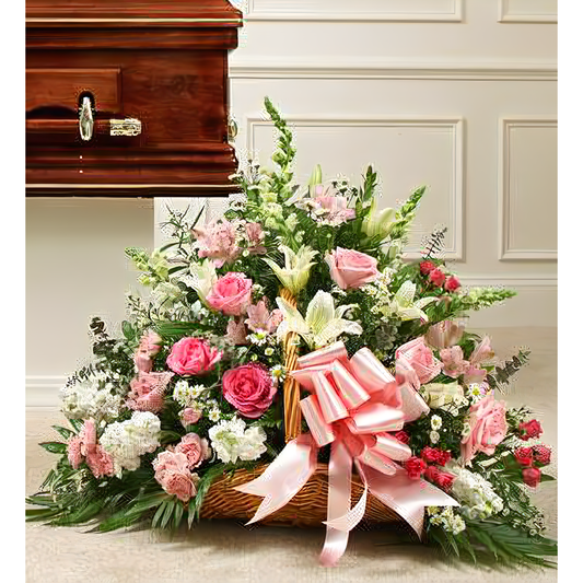 NYC Flower Delivery - Sincerest Sympathies Fireside Basket-Pink &amp; White - Funeral > For the Service