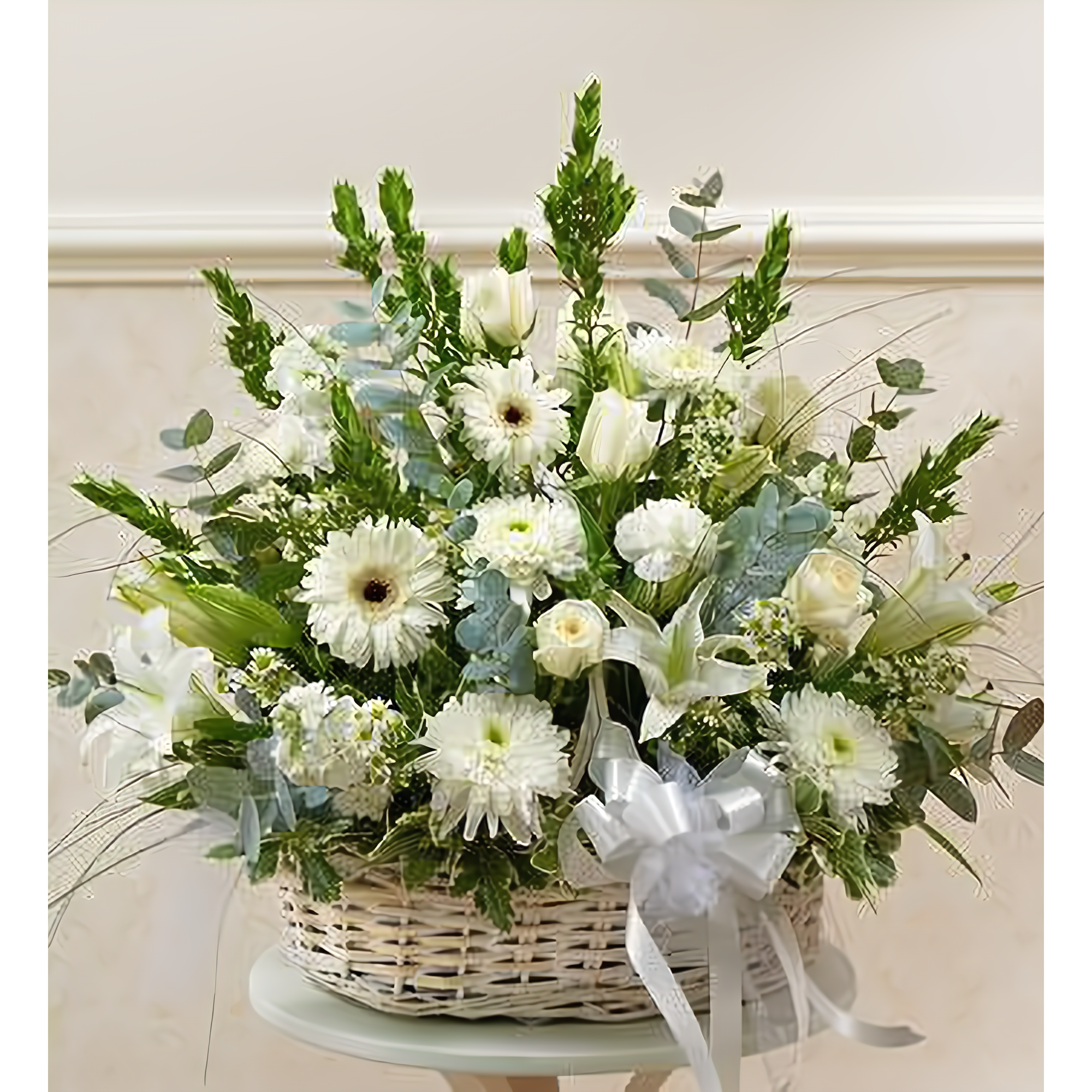 NYC Flower Delivery - White Sympathy Arrangement in Basket - Funeral > For the Service