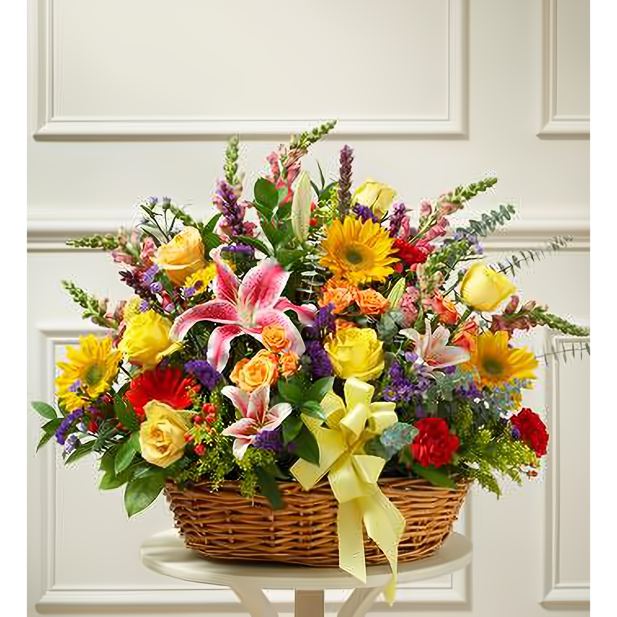 NYC Flower Delivery - Bright Flower Sympathy Arrangement in Basket - Funeral > For the Service
