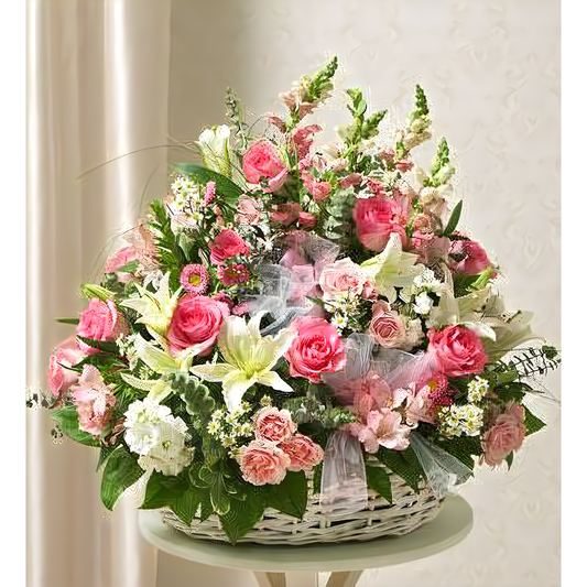 NYC Flower Delivery - Pink and White Sympathy Arrangement in Basket - Funeral > For the Service