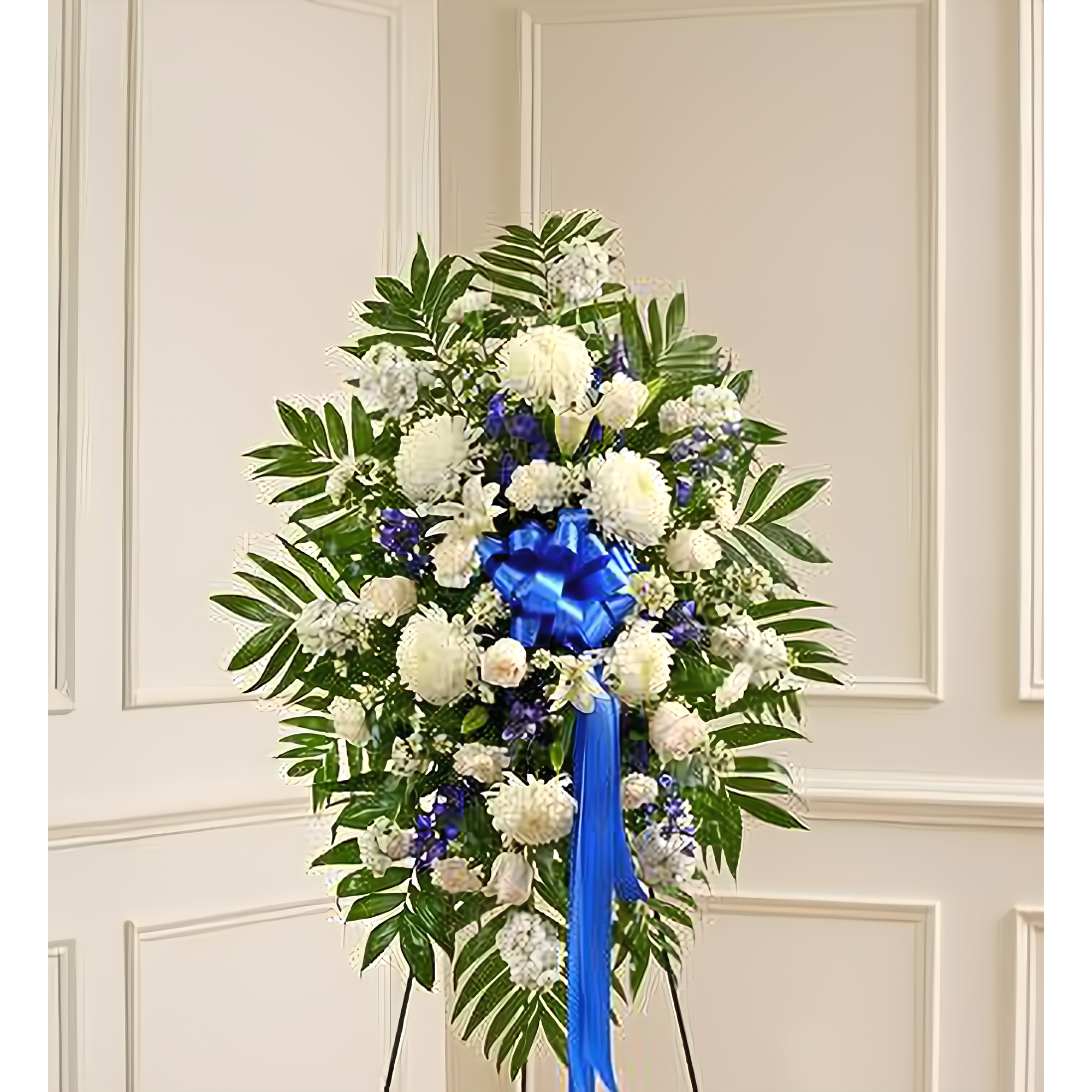 NYC Flower Delivery - Deepest Sympathies Blue & White Standing Spray - Funeral > Standing Sprays