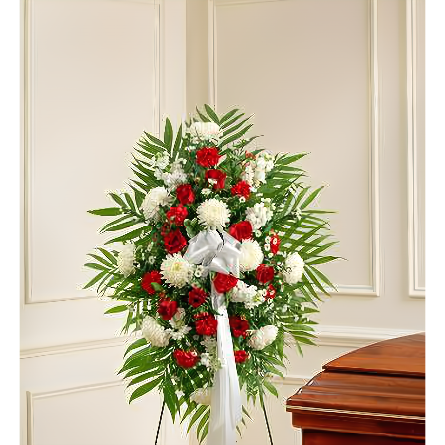 NYC Flower Delivery - Deepest Sympathies Red & White Standing Spray - Funeral > Standing Sprays