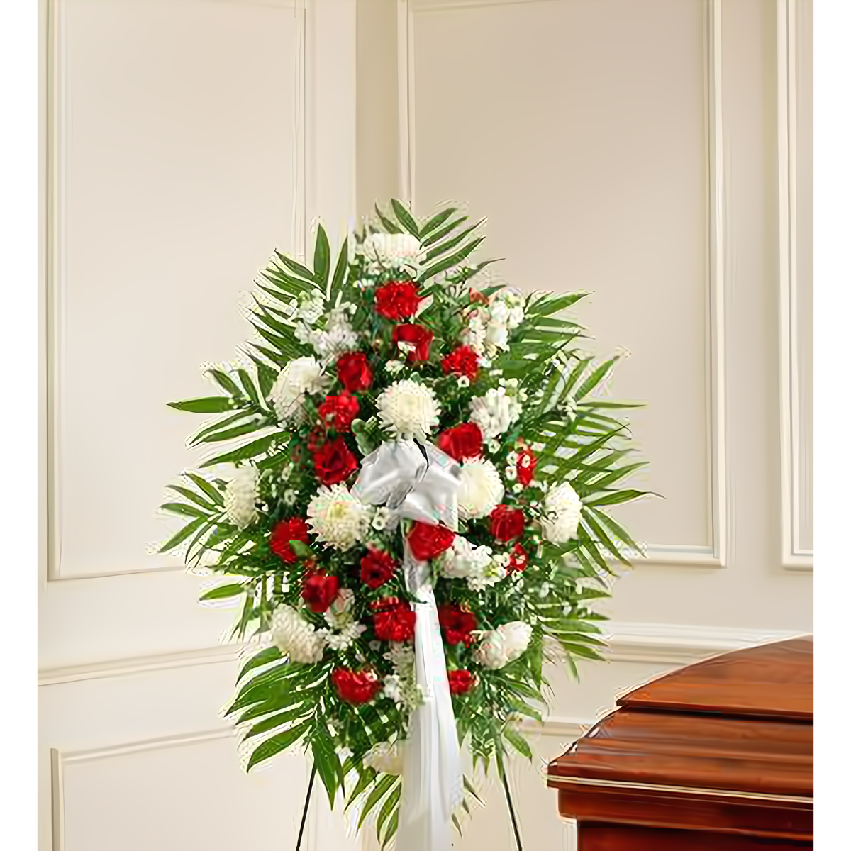 NYC Flower Delivery - Deepest Sympathies Red &amp; White Standing Spray - Funeral &gt; Standing Sprays