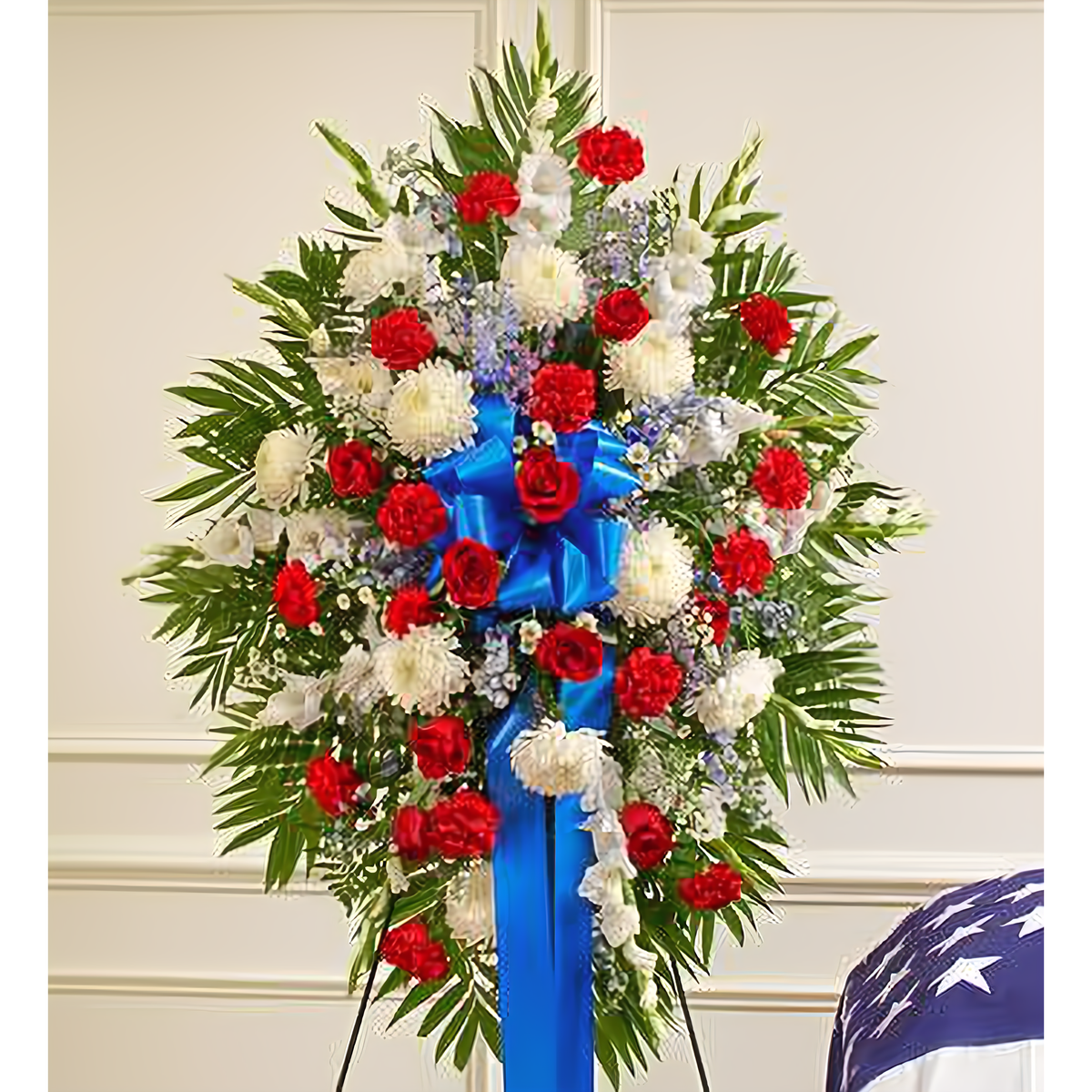 NYC Flower Delivery - Deepest Red, White &amp; Blue Standing Spray - Funeral &gt; Standing Sprays