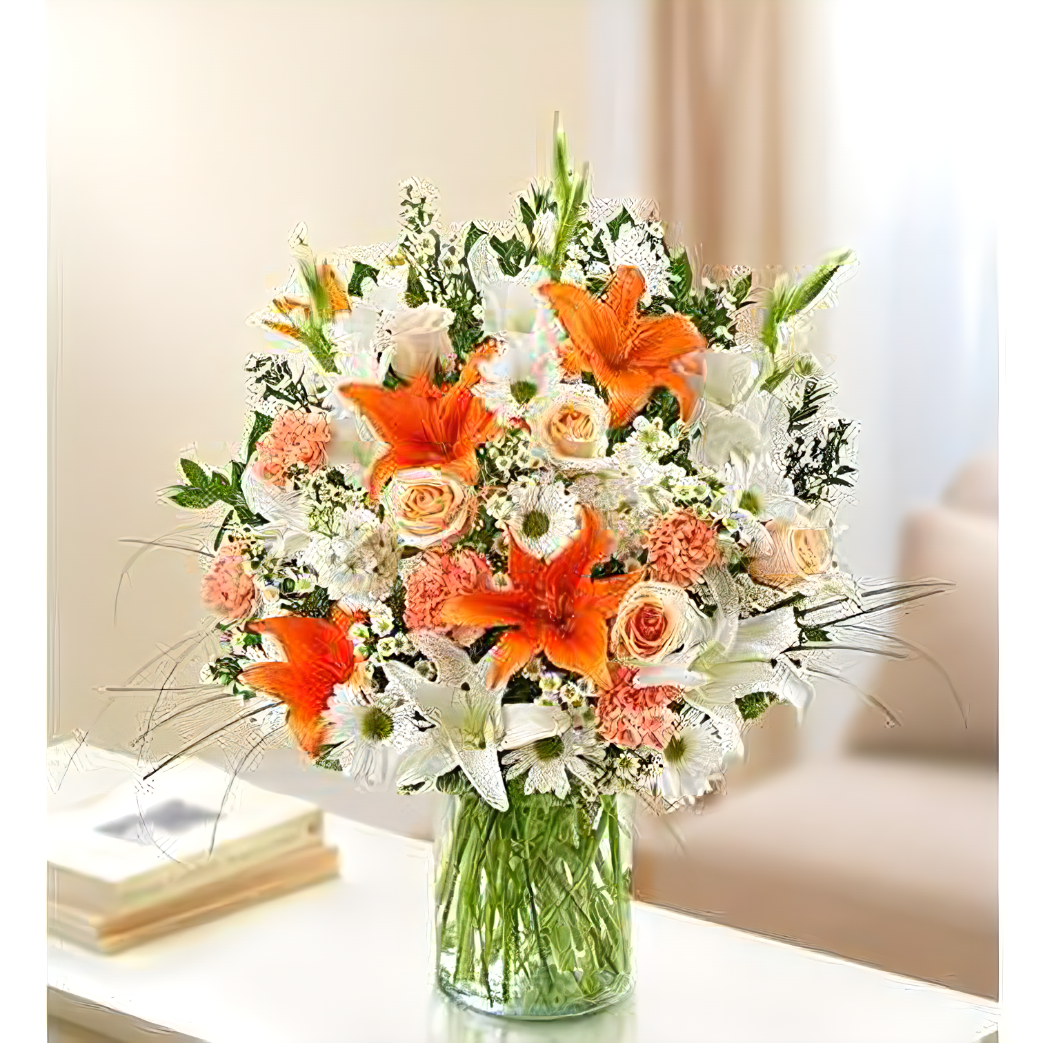 NYC Flower Delivery - Sincerest Sorrow - Peach, Orange and White - Funeral > Vase Arrangements