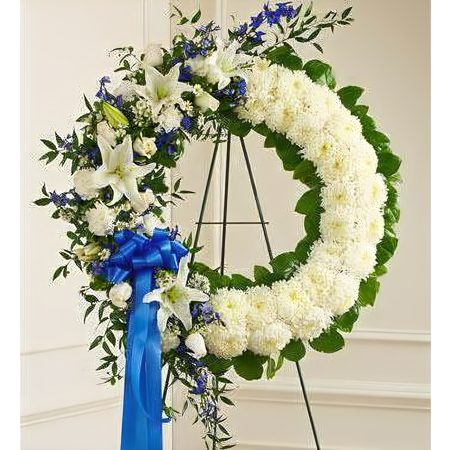 NYC Flower Delivery - Serene Blessings Blue & White Standing Wreath - Funeral > Wreaths