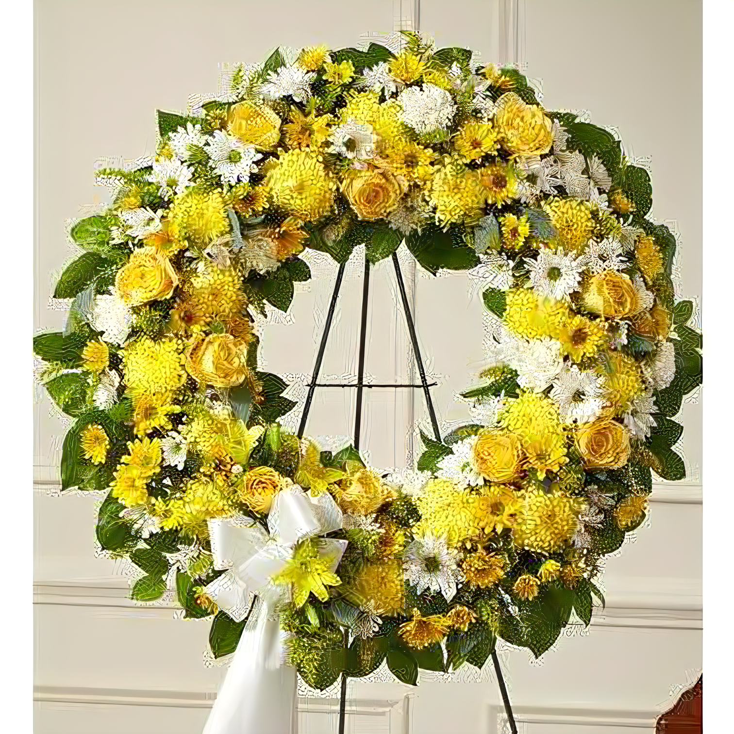 NYC Flower Delivery - Serene Blessings Yellow Standing Wreath - Funeral > Wreaths