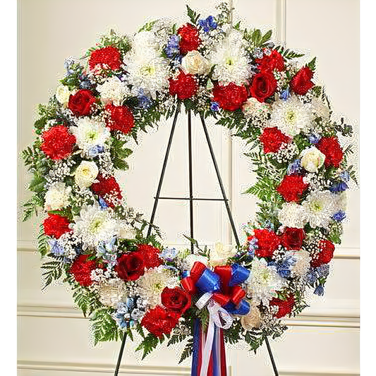 NYC Flower Delivery - Serene Blessings Red, White & Blue Standing Wreath - Funeral > Wreaths