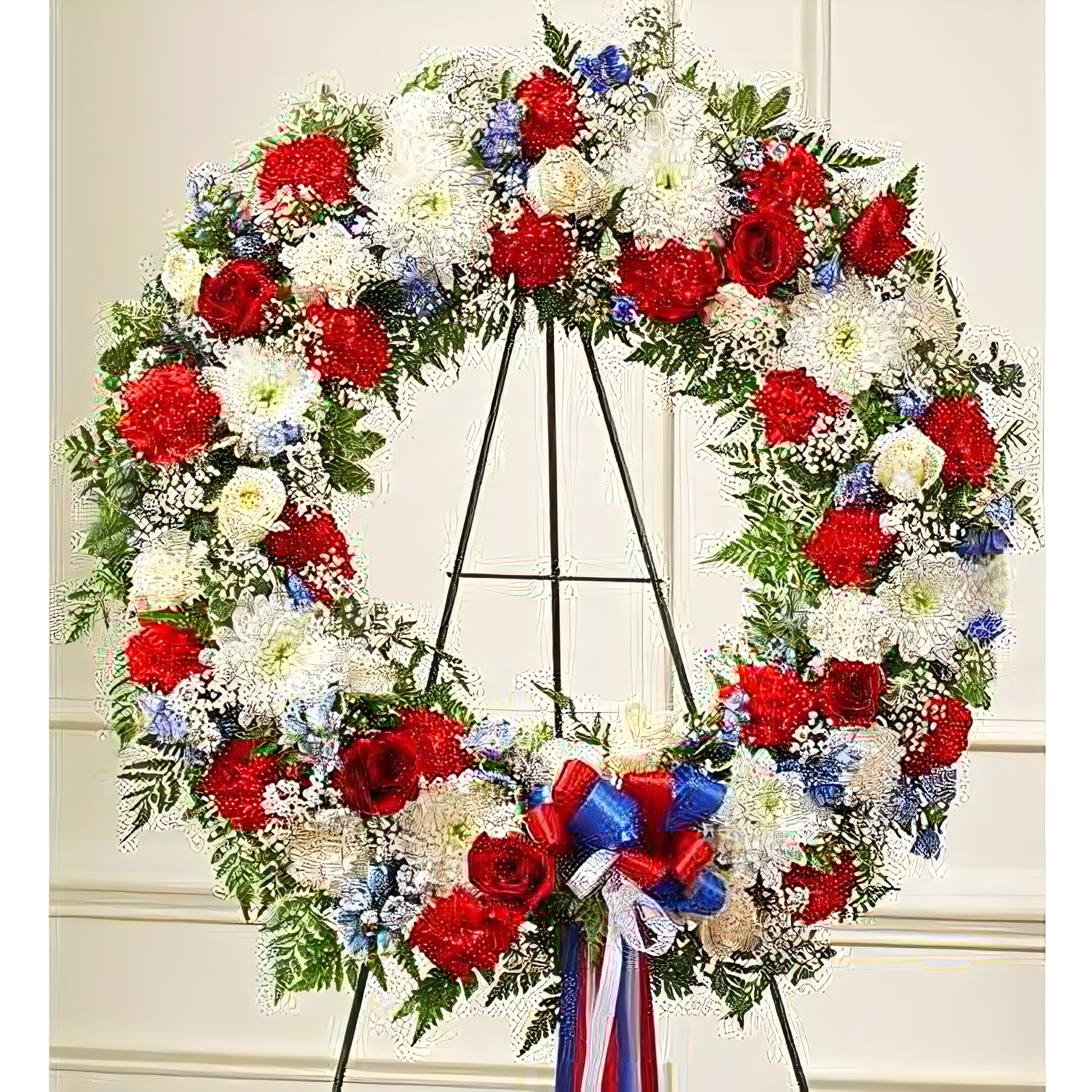 NYC Flower Delivery - Serene Blessings Red, White & Blue Standing Wreath - Funeral > Wreaths