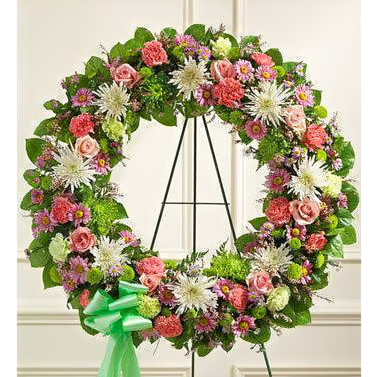 NYC Flower Delivery - Serene Blessings Pastel Standing Wreath - Funeral > Wreaths