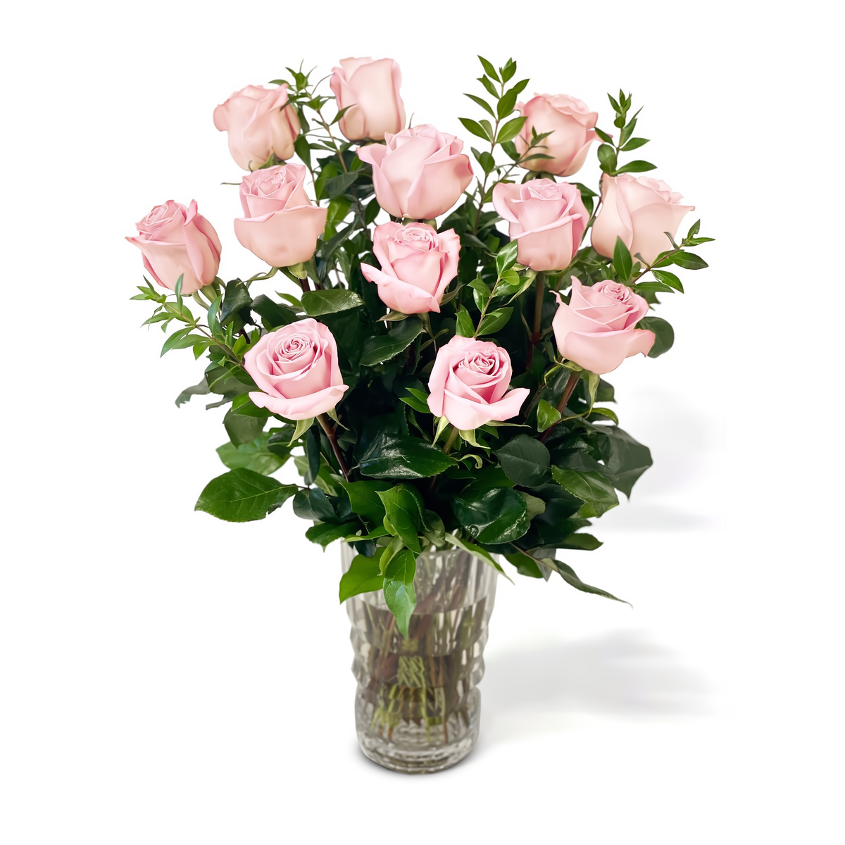 Queens Flower Delivery - Fresh Roses in a Crystal Vase | Dozen Light Pink