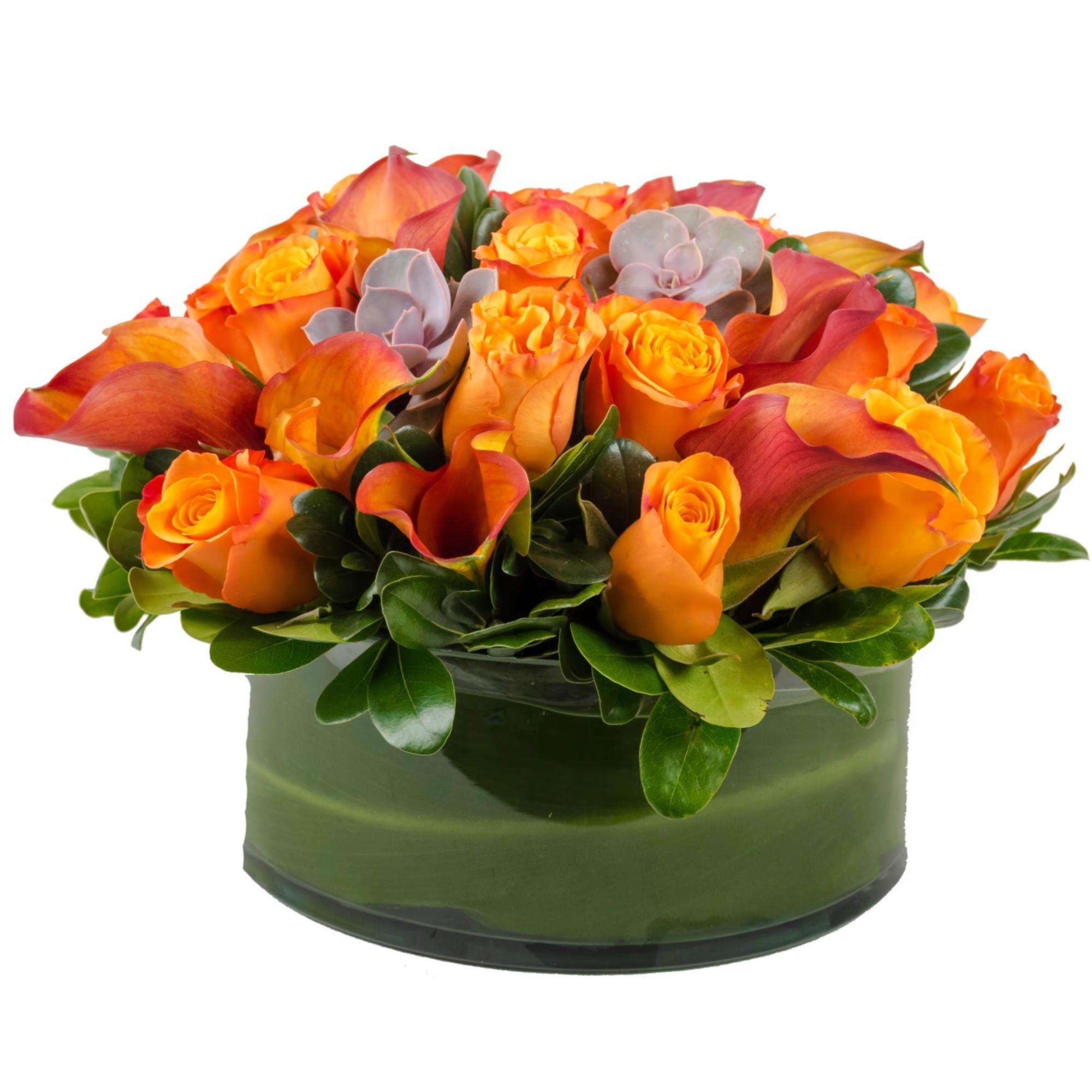 Orange You Amazing Floral Arrangement by Queens Flower Delivery put together with orange roses, Calla Lily, and succulents.