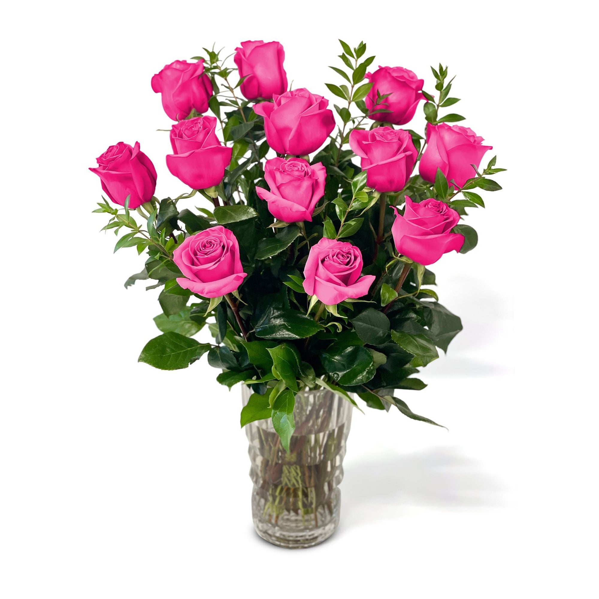 NYC Flower Delivery - Fresh Roses in a Crystal Vase | Dozen Hot Pink - Roses