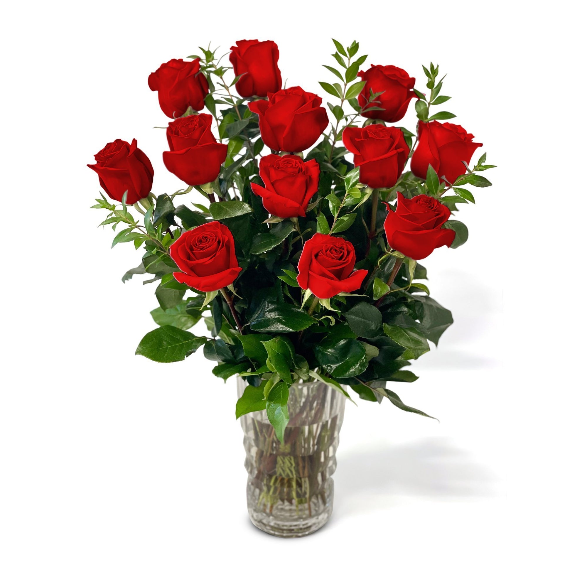 NYC Flower Delivery - Fresh Roses in a Crystal Vase | Dozen Red - Roses