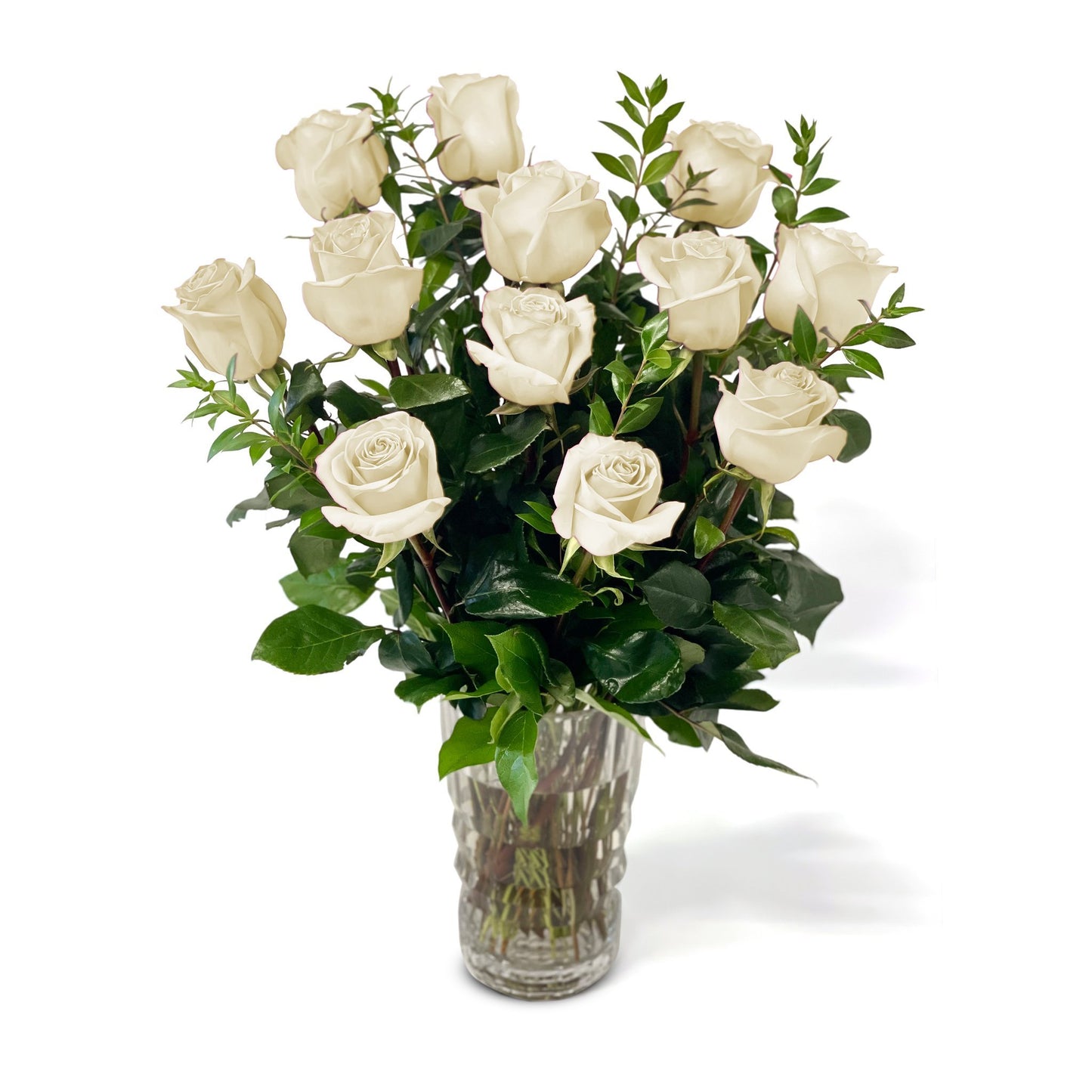 NYC Flower Delivery - Fresh Roses in a Crystal Vase | Dozen White - Roses