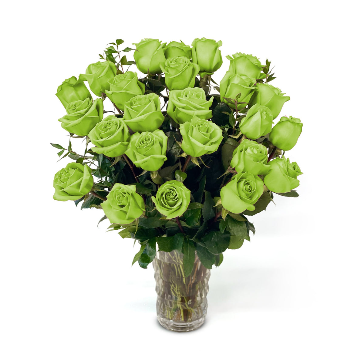 NYC Flower Delivery - Fresh Roses in a Crystal Vase | Green - 2 Dozen - Roses