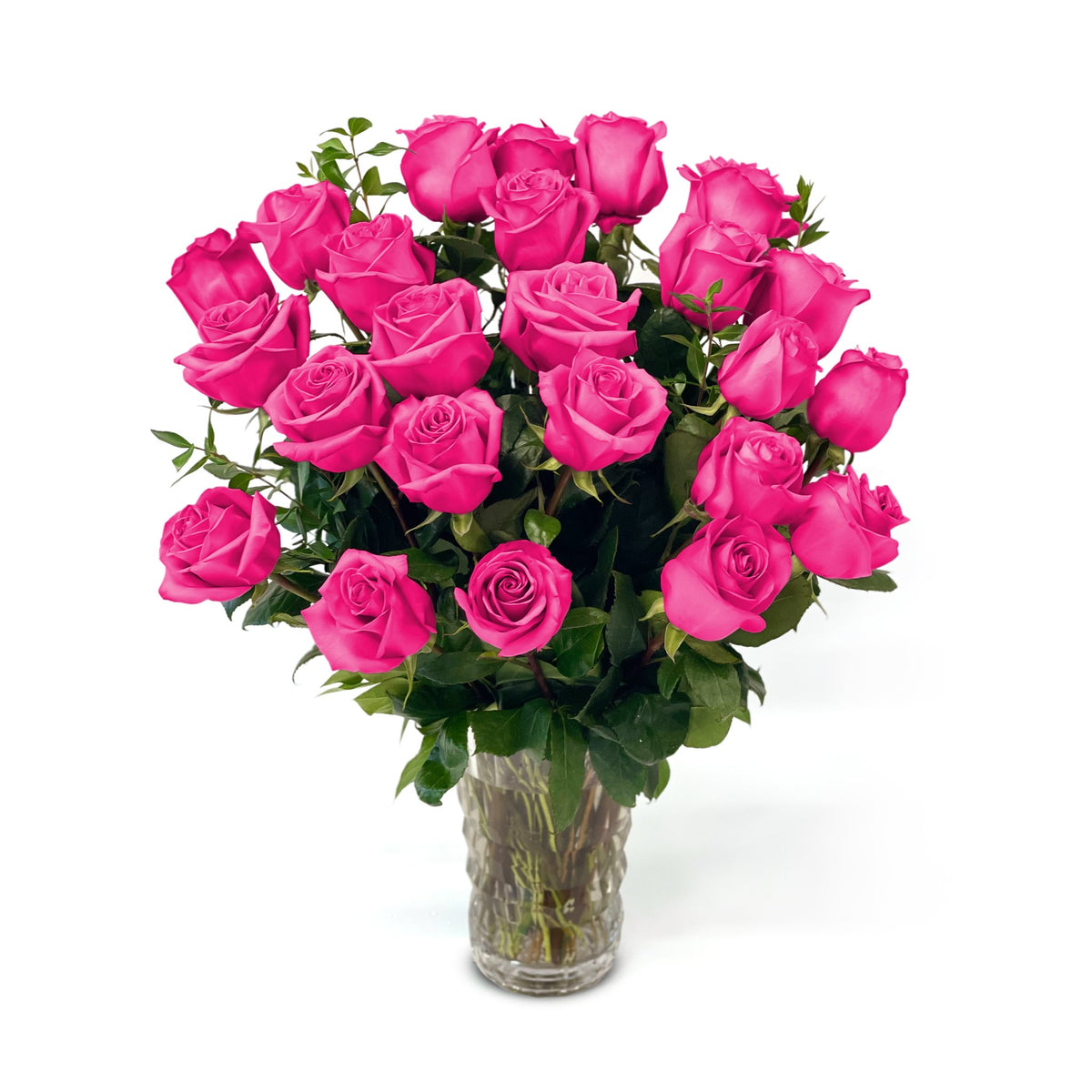NYC Flower Delivery - Fresh Roses in a Crystal Vase | Hot Pink - 2 Dozen - Roses
