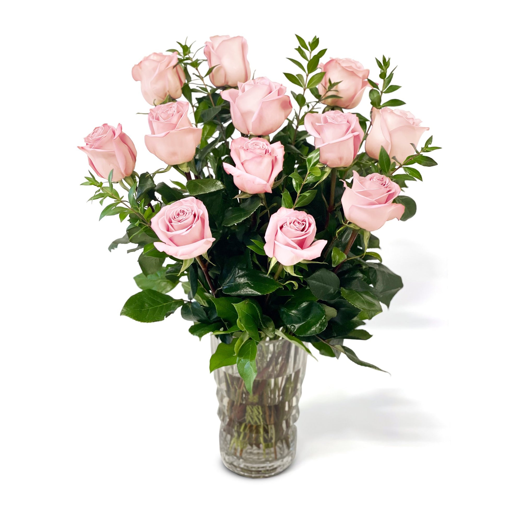 NYC Flower Delivery - Fresh Roses in a Crystal Vase | Light Pink - 1 Dozen - Roses