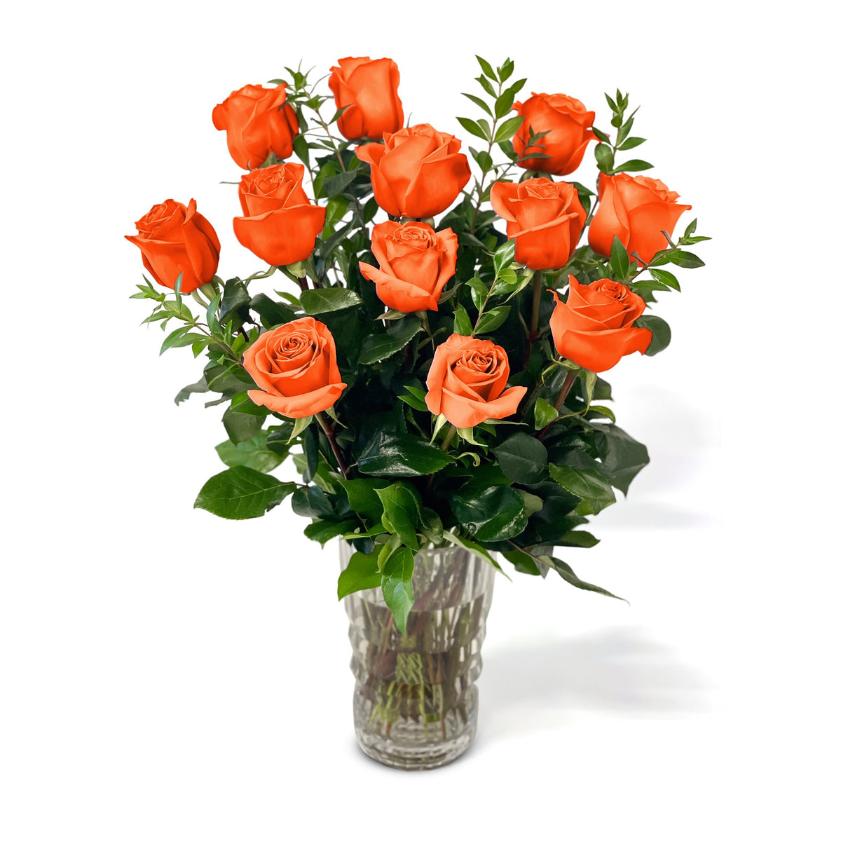 NYC Flower Delivery - Fresh Roses in a Crystal Vase | Orange - 1 Dozen - Roses
