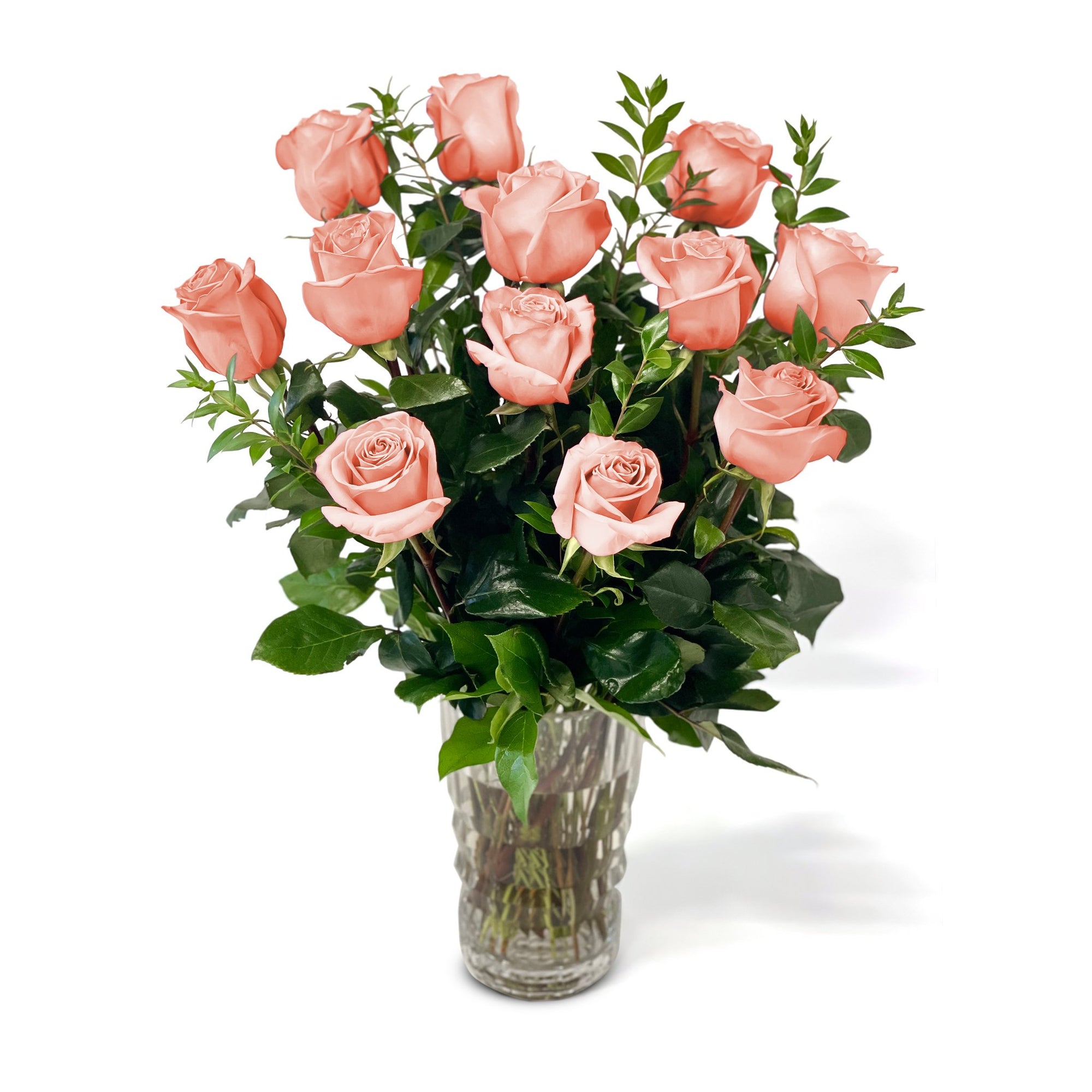 NYC Flower Delivery - Fresh Roses in a Crystal Vase | Peach - 1 Dozen - Roses