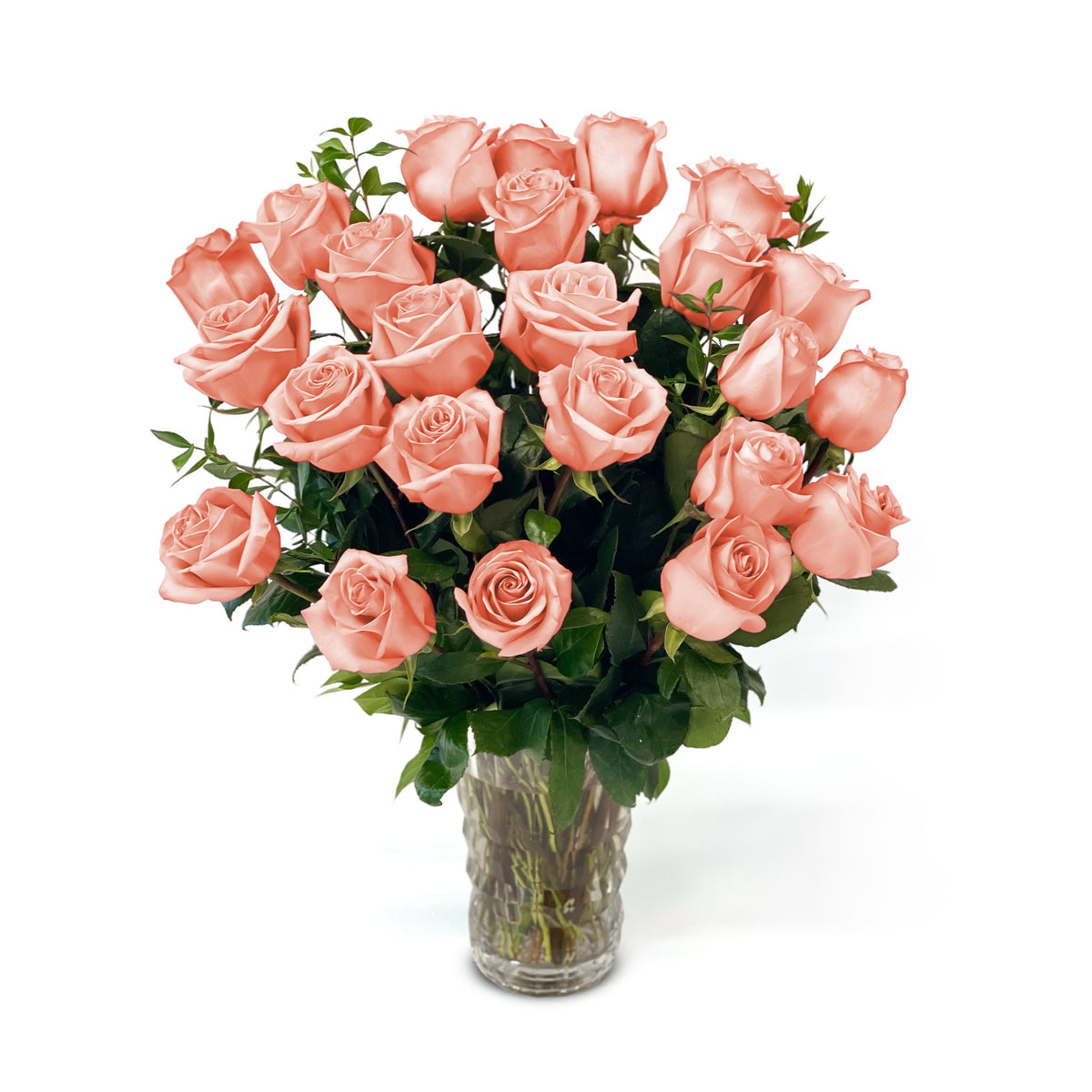 NYC Flower Delivery - Fresh Roses in a Crystal Vase | Peach - 2 Dozen - Roses