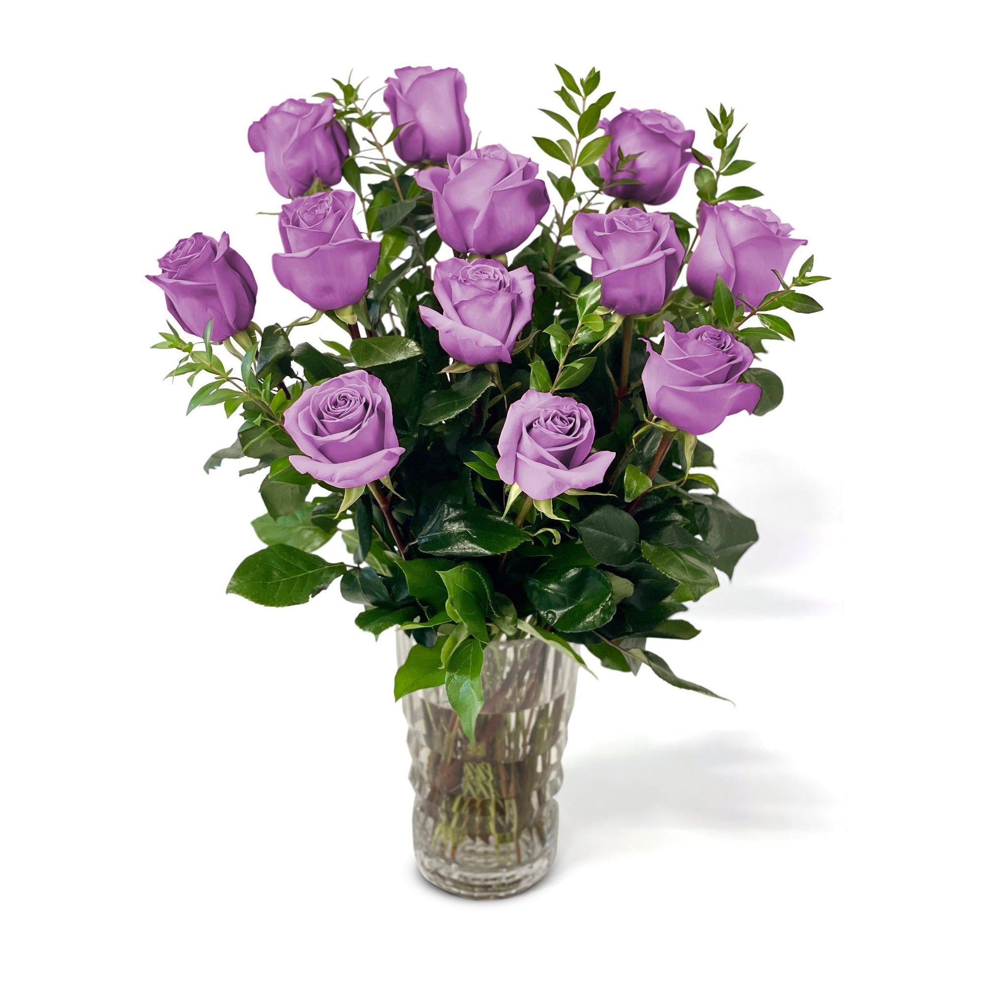 NYC Flower Delivery - Fresh Roses in a Crystal Vase | Purple - 1 Dozen - Roses