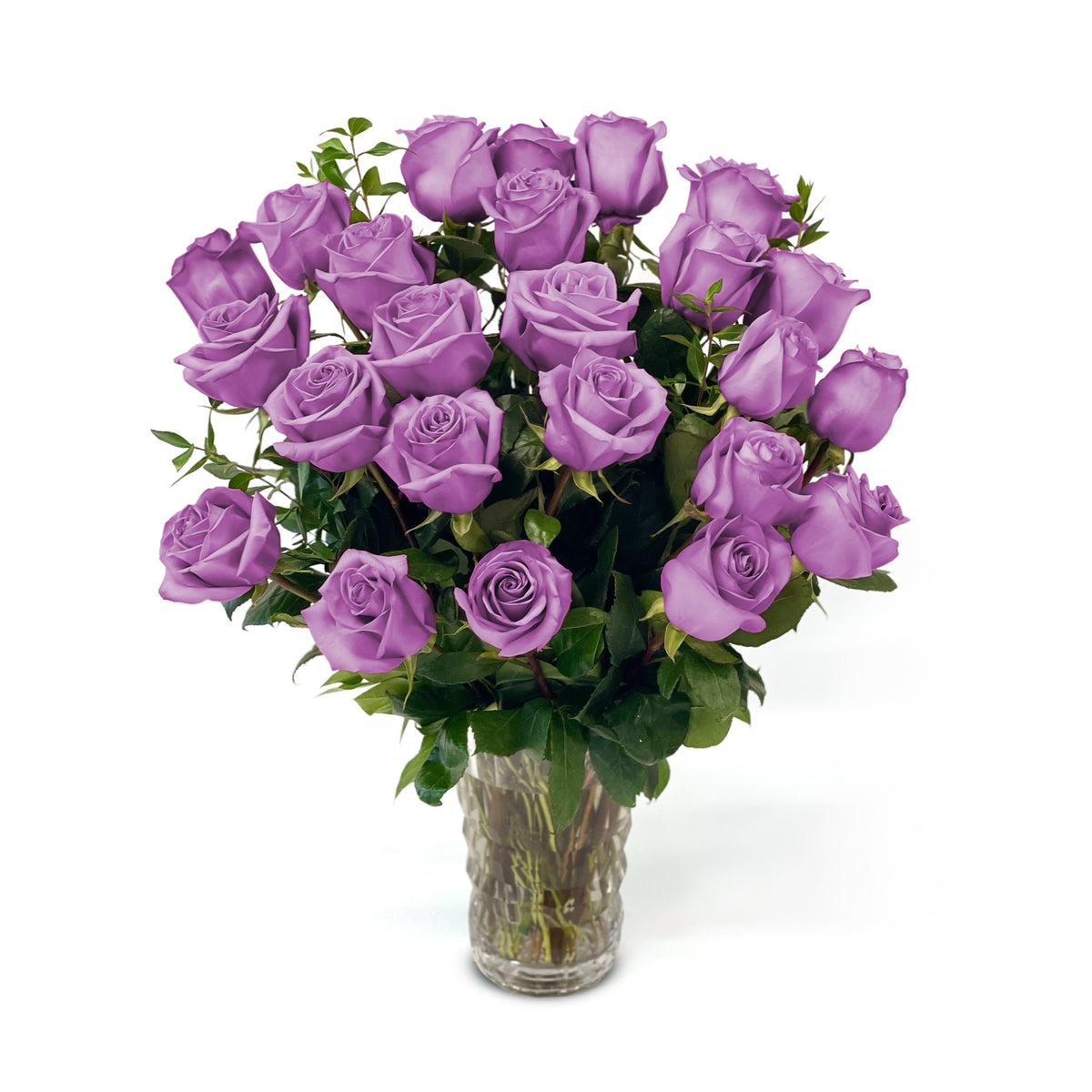 NYC Flower Delivery - Fresh Roses in a Crystal Vase | Purple - 2 Dozen - Roses