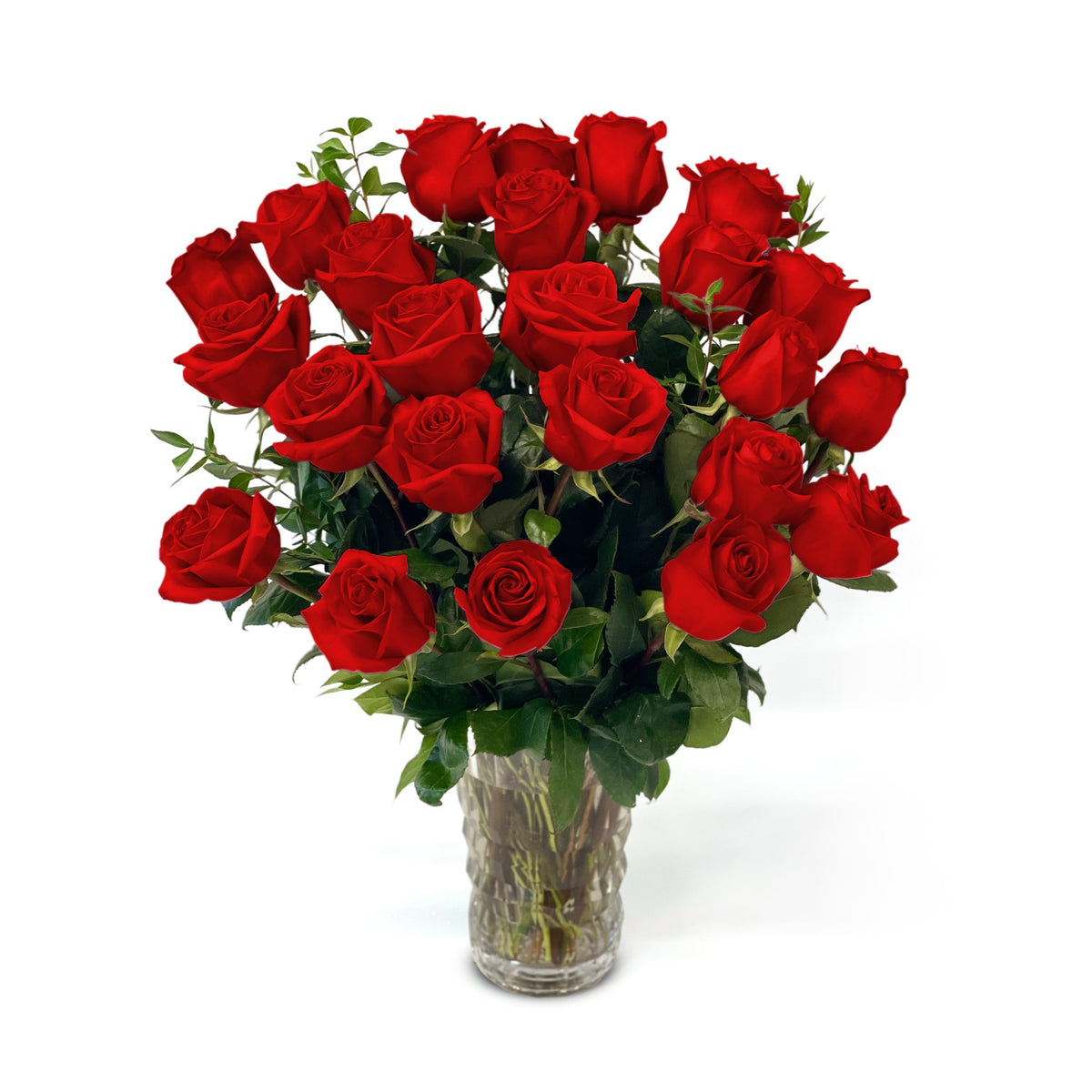 NYC Flower Delivery - Fresh Roses in a Crystal Vase | Red - 2 Dozen - Roses